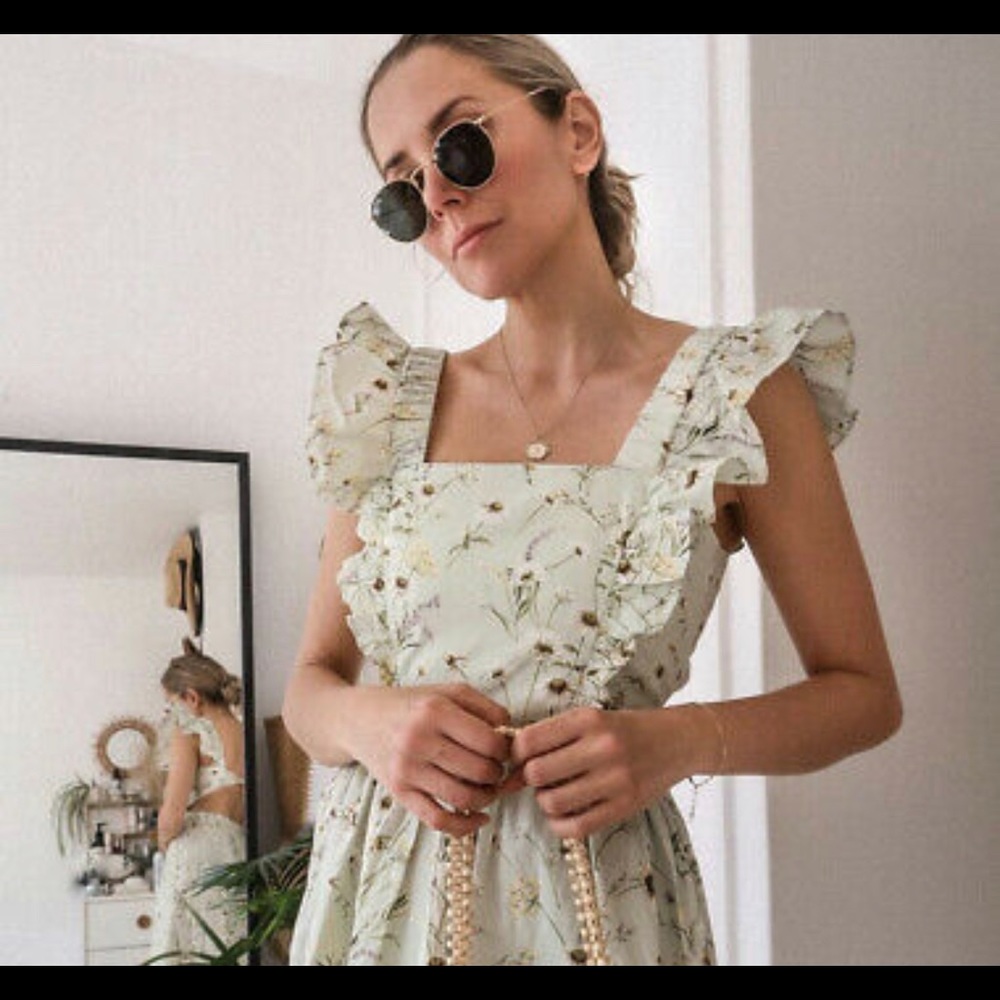 Wildflower Meadow Ruffle Poplin Cotton Light Green Floral Dress sz S👒🌼🍃
